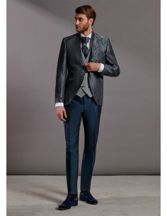 Traje de novio azul brocado